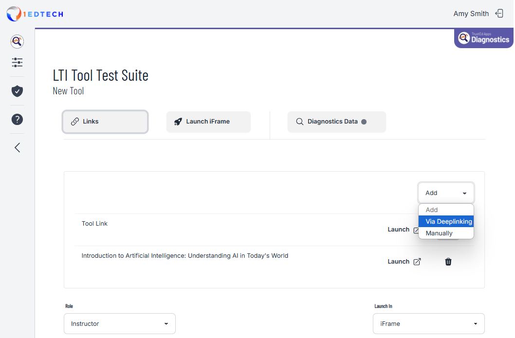 Screenshot of Links tab, Add menu, and launch options.